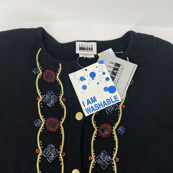 Leslie Fay Vintage Women Large Black Sweater Beaded Embellished Sequin Cardigan - Picture 2 of 15